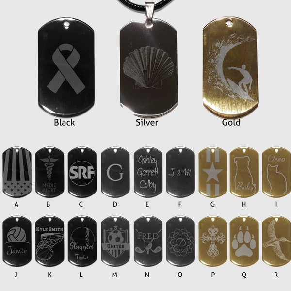 Dog Tag Necklace - Black, Silver or Gold Personalized Etched silver design. Comes with leather adjustable necklace