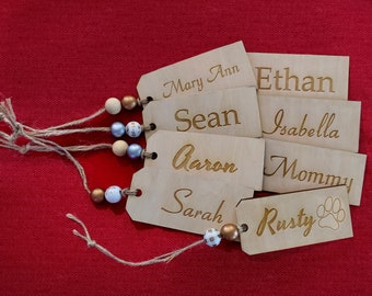 Custom Christmas Stocking Tags | Engraved Wooden Stocking Tags | Beads Included