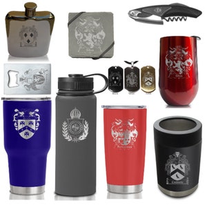 Benutzerdefinierte Familienwappen Geschenke - Personalisierte isolierte Edelstahl Sportflaschen, Becher, Wein, Dosenkühler, Untersetzer