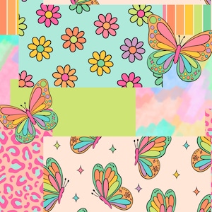 May include: A colorful patchwork design featuring butterflies and flowers. The design includes a green, pink, and blue tie-dye pattern, a leopard print, and a light blue background with pink, yellow, and purple flowers.