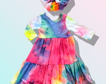 Tie Dye Twirl Dress / Girls Midi Dress / Cotton Candy Twirly Dress / Girls Dress / Toddler Dress / Birthday Dress