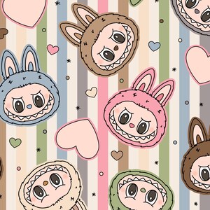 May include: A repeating pattern featuring cartoon characters with bunny ears and toothy grins, set against a backdrop of vertical stripes in pastel colors. Hearts and stars are scattered throughout the design.