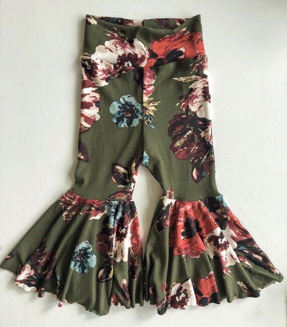 Olive Green Floral Print Bell Bottoms / Fall Print Flares / | Etsy