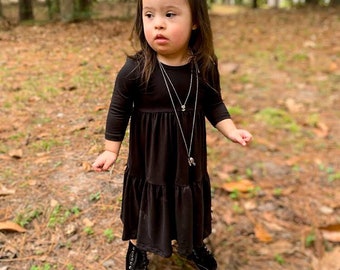 Solid Black Twirl Dress / Girls Midi Dress / Twirly Dress / Girls Dress / Toddler Dress / Birthday Dress