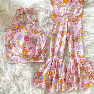 Retro Pink Butterfly Peace Sign Print / Vintage Daisy Bell Bottoms / Bummies / Lounge Set / Leotard / Peplum