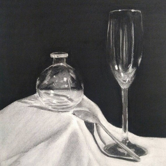 Original En Verre Nature Morte Fusain Dessin