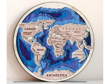 6 layer 3D map of the world, multi -layer panel,laser cut file. 3D Wood World Map Antistress coloring, 6 layers. 260 mm, Bonus: panel-clock