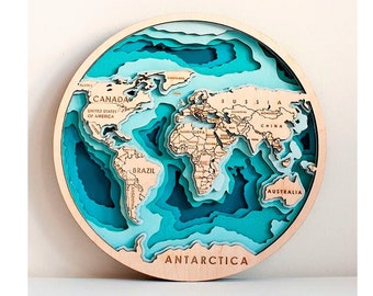 6 layer 3D map of the world, multi -layer panel,laser cut file. 3D Wood World Map Antistress coloring, 6 layers. 260 mm, Bonus: panel-clock