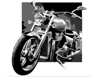 May include: A black and white illustration of a motorcycle. The motorcycle has a large front wheel and a smaller rear wheel. The motorcycle is in a stylized, almost cartoonish style.