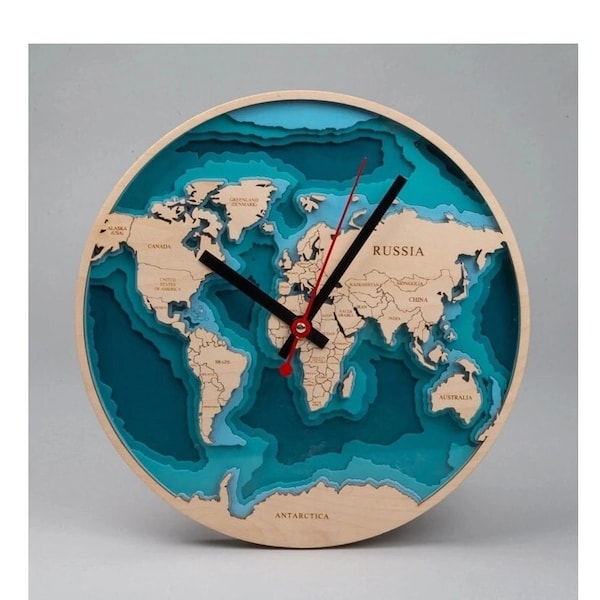 Carte du monde 3D avec une horloge, panneau multicouche, fichier découpé au laser, carte du monde en bois 3D à colorier antistress, 5 couches, 260 mm, panneau-horloge