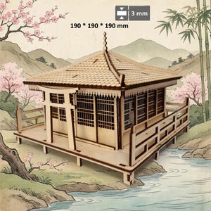 May include: A wooden model of a Japanese-style pagoda, with dimensions of 7.5 x 7.5 x 7.5 inches. The model features intricate details, including a sloped roof, latticed windows, and a surrounding deck. The background depicts a serene landscape with cherry blossoms and a river.