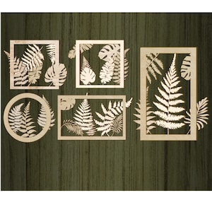 Multilayer decorative panels with Leaves laser Cut files Fern  Palm leaves panels set of 5 3D TROPICAL wall decor,decorative wooden panels