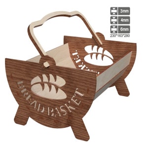 May include: A wooden bread basket with a handle, featuring a cutout design of bread loaves. The words "BREAD BASKET" are cut into the wood. The basket is approximately 9 inches long, 6.4 inches wide, and 11 inches high.