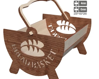 May include: A wooden bread basket with a handle, featuring a cutout design of bread loaves. The words "BREAD BASKET" are cut into the wood. The basket is approximately 9 inches long, 6.4 inches wide, and 11 inches high.
