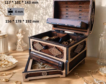 Wooden Laser Cut Jewelry Box SVG | Jewelry Chest with Secret Hidden Drawer | Plywood Treasure Chest DXF LightBurn Glowforge DIGITAL Files