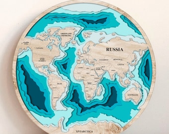 6 layer 3D map of the world, multi -layer panel,laser cut file. 3D Wood World Map Antistress coloring, 6 layers. 260 mm, Bonus: panel-clock