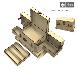 Può includere: Una scatola di legno per riporre oggetti con più scomparti e cassetti, con finitura in legno naturale. La scatola è aperta, rivelando gli spazi interni, e include una scatola più piccola e chiusa. Dimensioni: 36,0 x 18,5 x 20,0 cm.