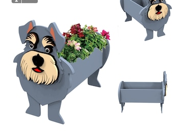 May include: A gray planter shaped like a Schnauzer dog with a flower pot in the middle. The planter is 8 mm thick and has a cute cartoon face.