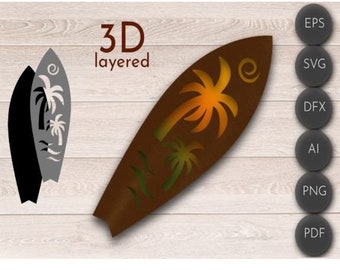 May include: A 3D layered design of a surfboard with palm trees. The surfboard is brown with a gradient of orange and yellow palm trees. The design is available in multiple file formats, including EPS, SVG, DFX, AI, PNG, and PDF.
