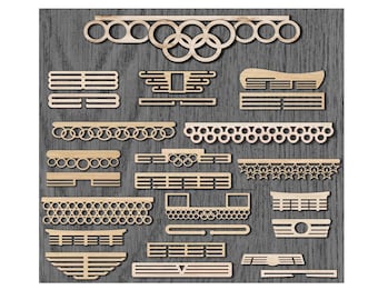 May include: A set of 16 laser cut wooden medal display shelves. The shelves are designed to hold medals, ribbons, and other awards. The shelves are made of natural wood and have a rustic look. The shelves are perfect for displaying your achievements.