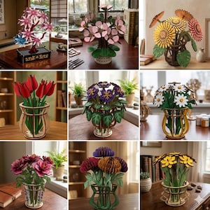 Könnte beinhalten: Eine Sammlung von neun verschiedenen lasergeschnittenen Blumenarrangements aus Holz in diversen Farben, darunter rote Tulpen, gelbe Sonnenblumen, rosa Blüten und violette Chrysanthemen, jeweils in einer dekorativen Holzvase.