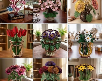 3d Wooden Flowers Bouquet and Vase SVG Bundle-Laser Cut Files for 3mm plywood- 3D Table Vase Designs Decor