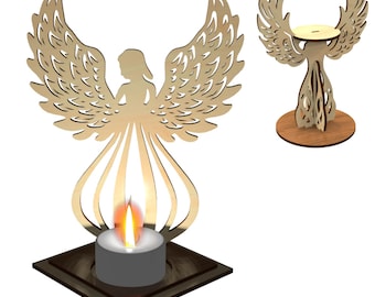 May include: A wooden angel candle holder with intricate cutouts in the wings and a small candle holder in the center. The angel is standing on a square base.