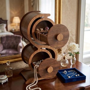 May include: A wooden jewelry organizer with a unique, curved design. The organizer has multiple compartments and drawers, some open to reveal necklaces, rings, and earrings. A blue velvet tray holds additional jewelry. The overall aesthetic is elegant and classic.