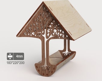 May include: Wooden bird feeder shaped like a tree with a roof. The feeder is 183 mm wide, 220 mm deep, and 200 mm high. The feeder is made of plywood and has a natural wood finish.