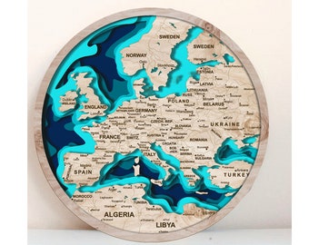 6 layer 3D map map of Europe, multi -layer panel,laser cut file. 3D Wood Europe Map Antistress coloring, 6 layers. 260 mm