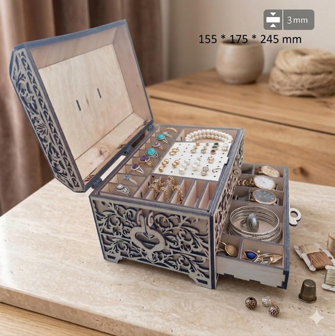Laser Cut Wooden Jewelry Box With Drawer Svg File Glowforge Holder ...