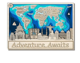 May include: A blue and teal paper cut-out world map with famous landmarks from around the world, including the Eiffel Tower, the Taj Mahal, and the Statue of Liberty. The text "Adventure Awaits" is at the bottom of the image.