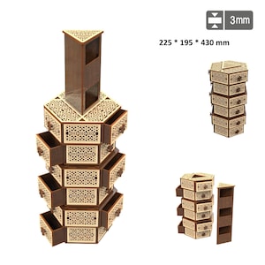 May include: A wooden, multi-tiered storage organizer with a geometric design. The organizer has multiple drawers and compartments, with dimensions of 225 x 195 x 430 mm. The wood has a light brown and dark brown color scheme.