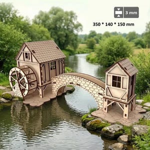 May include: A miniature wooden water mill scene with a bridge, buildings, and a water wheel. The scene is 13.8 x 5.5 x 5.9 inches and 0.1 inches thick. The buildings have brown roofs and beige walls. The bridge has a stone-like appearance. The scene is set near a river.