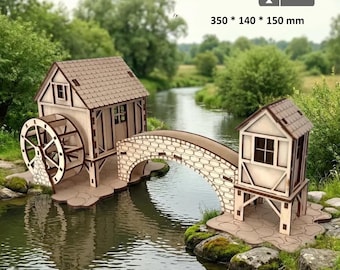 Wooden Water mill model, Light Houses Cdr Dxf,mill house,  laser Cutting File