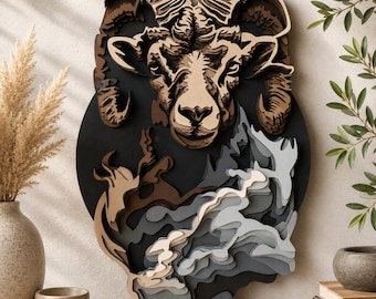 7 layer mountain ram wall art, DIY laser cut plywood design, cnc vector template, digital download
