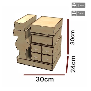 Könnte beinhalten: Ein Holz-Organizer mit mehreren Fächern und Schubladen. Der Organizer ist 30 cm breit, 24 cm hoch und 30 cm tief. Er hat eine natürliche Holzoberfläche.