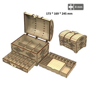 Caja de joyería de madera cortada con láser con cajón (archivo SVG). Soporte para Glowforge. Estuche de joyería con apertura láser. Vector de boda y amor.
