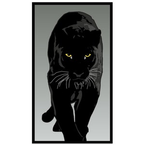May include: A black panther with yellow eyes walks towards the viewer. The panther is in a dark gray frame.
