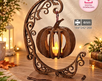 Wooden pumpkin lantern laser cut file, halloween candle holder, 4mm plywood decor, svg dxf ai cdr