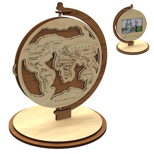 Rotierender Globus mit Fotorahmen, 3D Laserschnittdatei und Multi-Layer-Panel. 3D Holz Weltkarte Antistress Färbung S3