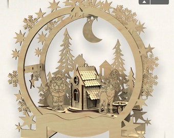 May include: A wooden Christmas ornament with a 3D design of a winter scene. The ornament features a house, a reindeer, Santa Claus, and a crescent moon. The ornament is made of wood and is 3 mm thick.