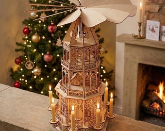 Wooden Christmas pyramid Laser Cut files, Village Scenery, Christmas decoration, Christmas Carousel, Christmas Pyramid Candle Carousel