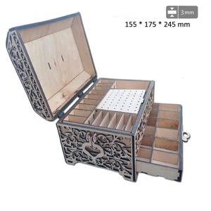 Joyero de madera cortado con láser con cajón, archivo SVG, soporte Glowforge, abridor de joyas cortado con láser, vector de boda y amor