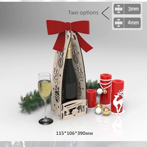 Caja de regalo de champán svg, Bolsa de regalo para vino Archivos cortados con láser, Regalo de Navidad de champán, Madera de 3/4 mm de espesor / Patrón CNC