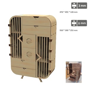 Peut inclure: Un meuble en bois clair au design unique. Il comporte des tiroirs, des lattes verticales et des découpes décoratives. Dimensions : 950 x 590 x 255 mm et 470 x 295 x 128 mm. L'épaisseur du meuble est de 3 mm et 6 mm.