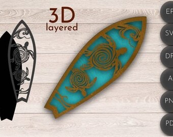 May include: A 3D layered design of a surfboard with two sea turtles. The surfboard is brown with a turquoise blue background. The design is available in EPS, SVG, DFX, AI, PNG, and PDF formats.