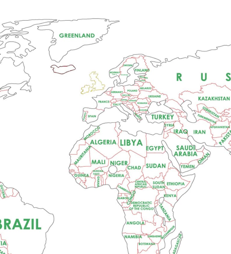 May include: A black and white outline world map with country borders. The countries are labeled in green text. The map is on a white background.