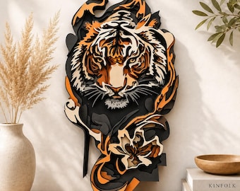 Tiger layered wall art SVG, 6 layer laser cut file, tiger plywood decor, cnc vector template, digital download