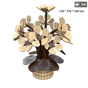 May include: A wooden flower sculpture with light beige petals and dark brown stems and leaves. The flower is in a light beige pot. The dimensions are 170 x 170 x 350 mm.